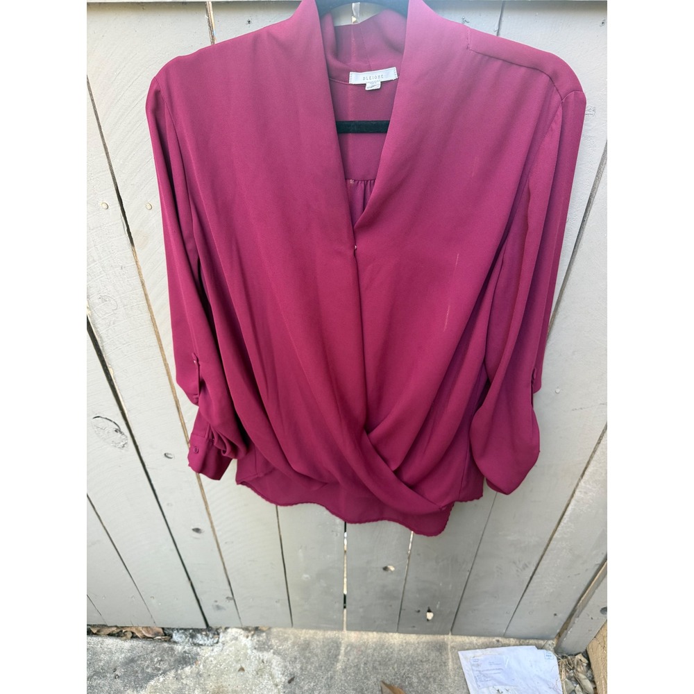 Pleione Burgundy Faux Wrap Surplice Blouse Roll Tab Sleeve XL lagen open front